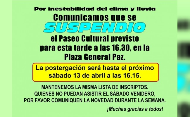 Por la lluvia, se suspendió el Paseo Cultural del AGM