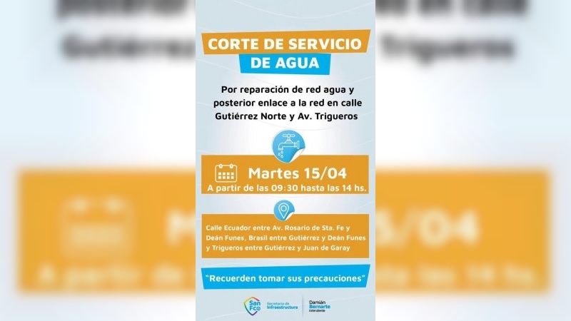Corte de agua programado en sectores de San Francisco por trabajos en la red