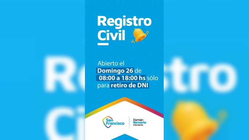 El Registro Civil de San Francisco abrirá este domingo para entregar DNI pendientes