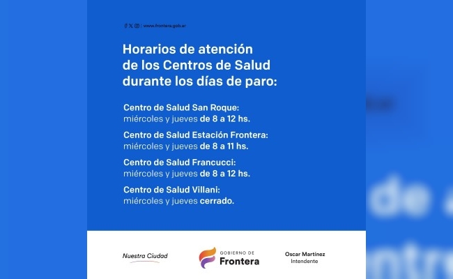 Frontera: horarios de atención de los Centros de Salud