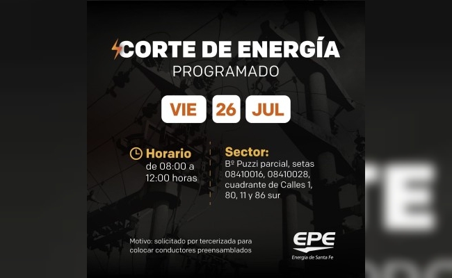 Corte de energía programado para mañana viernes 26 de julio