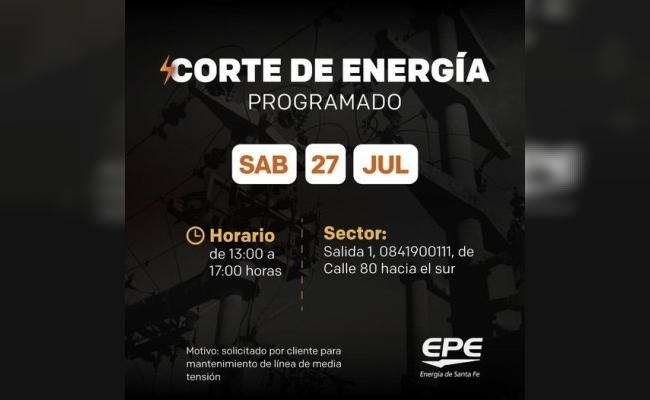 Corte de energía eléctrica programado para mañana sábado 27 de julio.