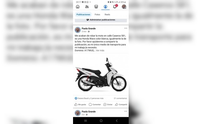 Le robaron la moto el fin de semana: pide ayuda para recuperarla