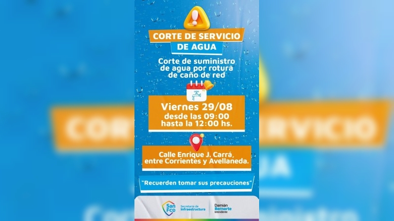 Corte de suministro de agua en un sector de la ciudad