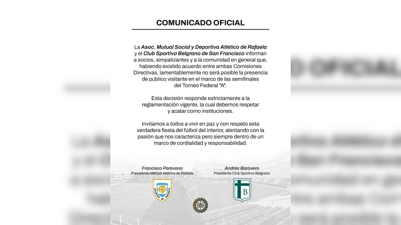 Semifinal del Federal “A”: sin público visitante en el cruce entre Atlético de Rafaela y Sportivo Belgrano